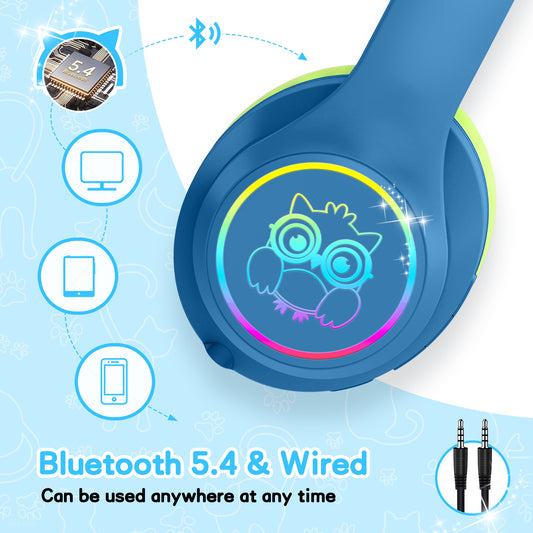 LOBKIN Kids Headphones Bluetooth 5.4,Over Ear Kids Headphones Wireless with Mic 50H Playtime Colorful LED Lights AUX Cord 94dB Safe Volume Limited Foldable Design for Boy Girl Travel/School/iPad