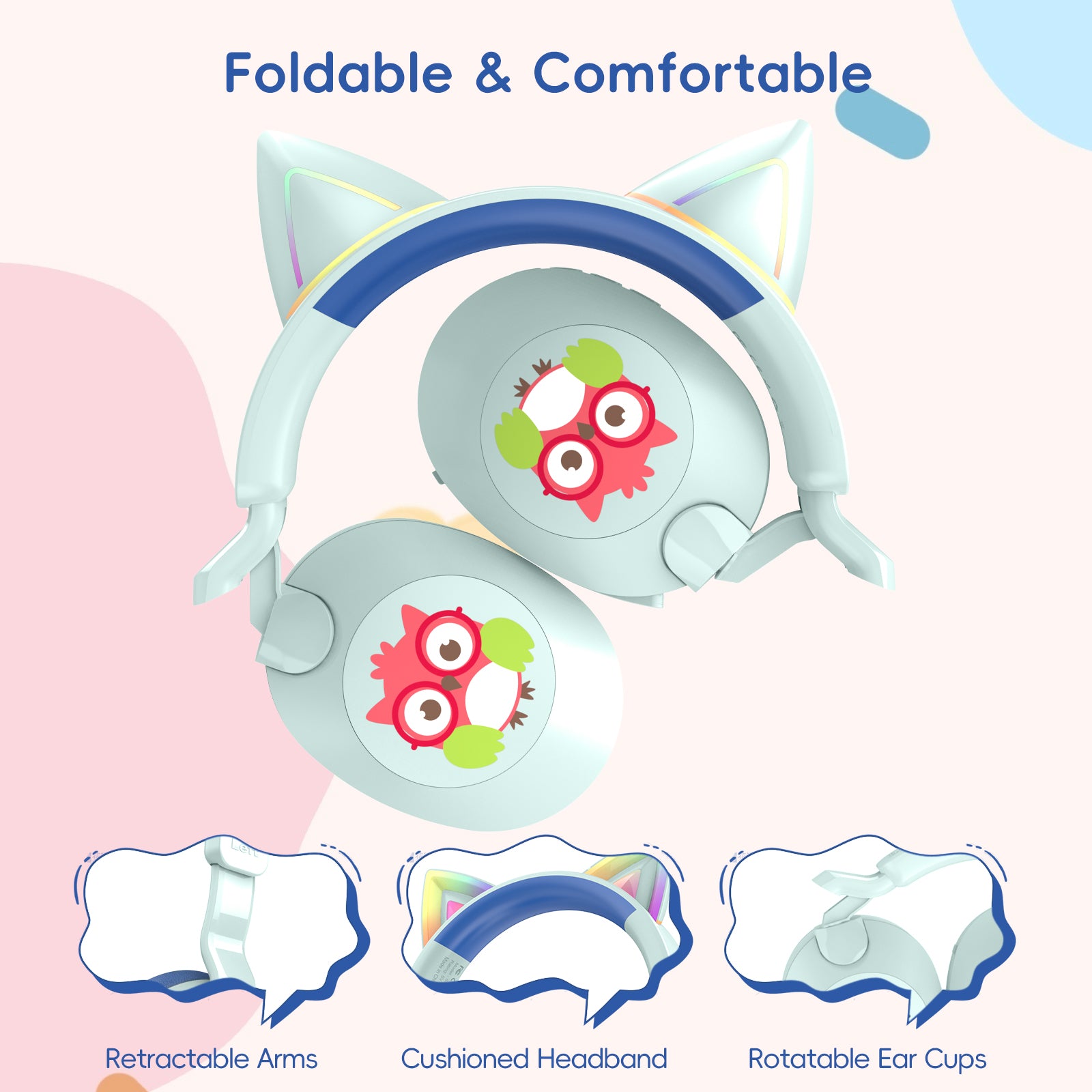 LOBKIN S32 Kids Cat Ear Headphones - Bluetooth 6.0 LED Lights