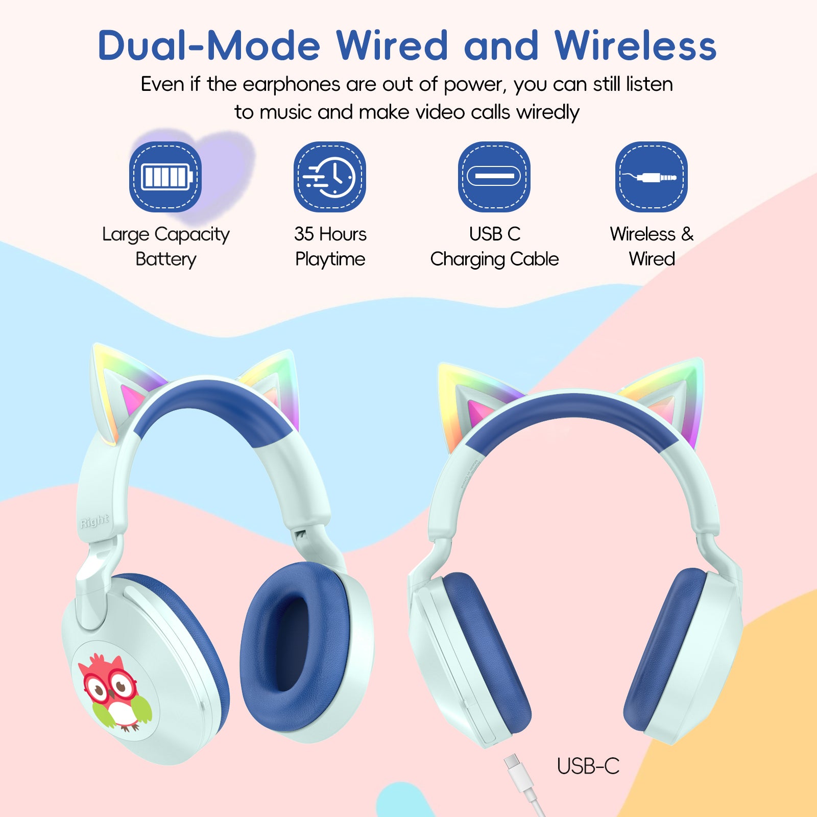 LOBKIN S32 Kids Cat Ear Headphones - Bluetooth 6.0 LED Lights