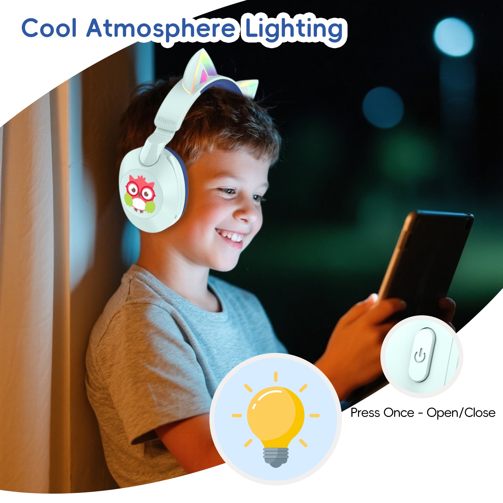 LOBKIN S32 Kids Cat Ear Headphones - Bluetooth 6.0 LED Lights
