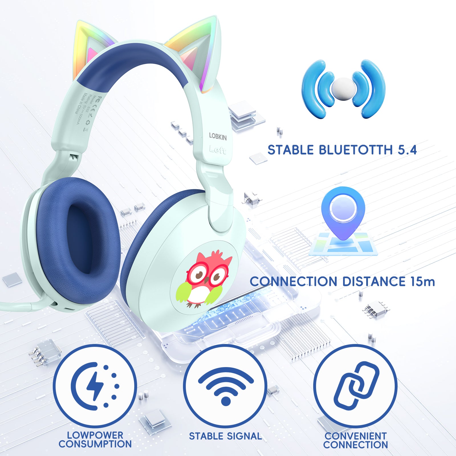 LOBKIN S32 Kids Cat Ear Headphones - Bluetooth 6.0 LED Lights