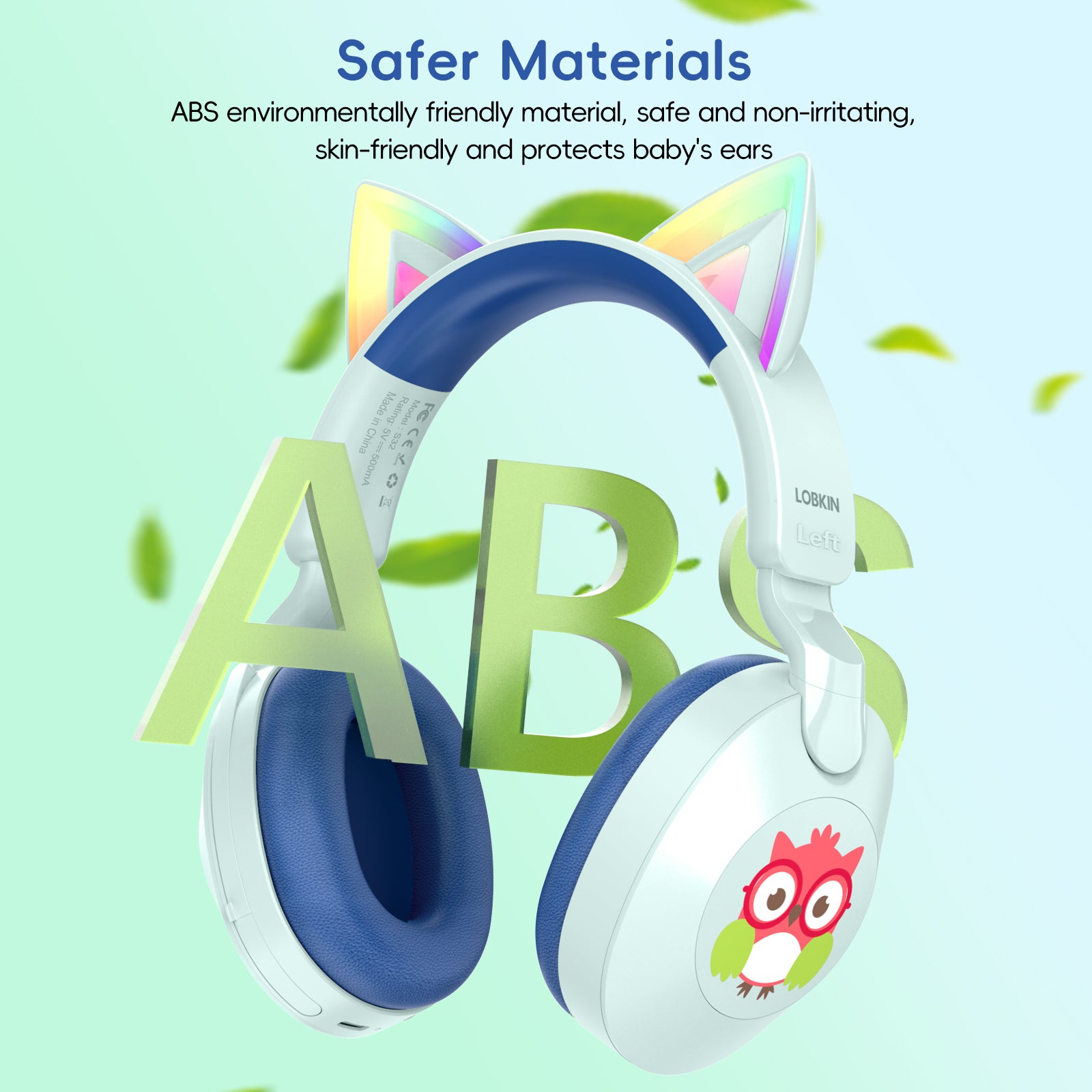 LOBKIN S32 Kids Cat Ear Headphones - Bluetooth 6.0 LED Lights