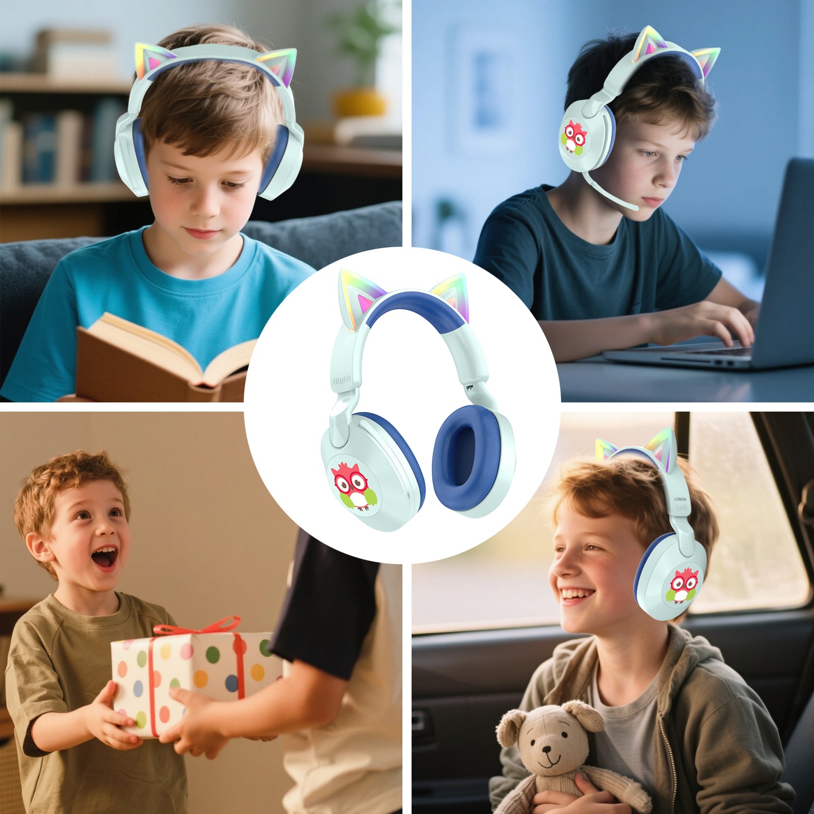 LOBKIN S32 Kids Cat Ear Headphones - Bluetooth 6.0 LED Lights