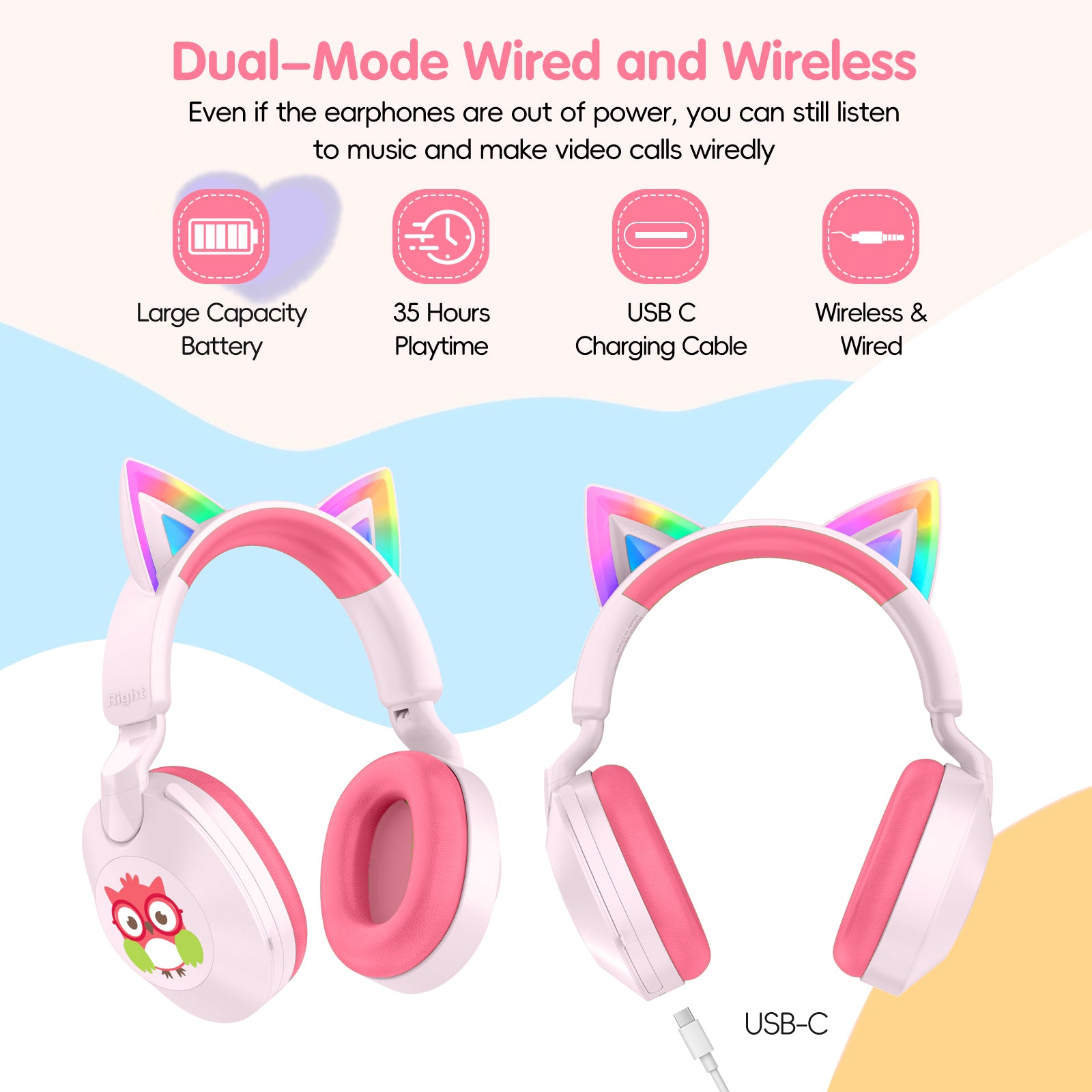 LOBKIN S32 Kids Cat Ear Headphones - Bluetooth 6.0 LED Lights