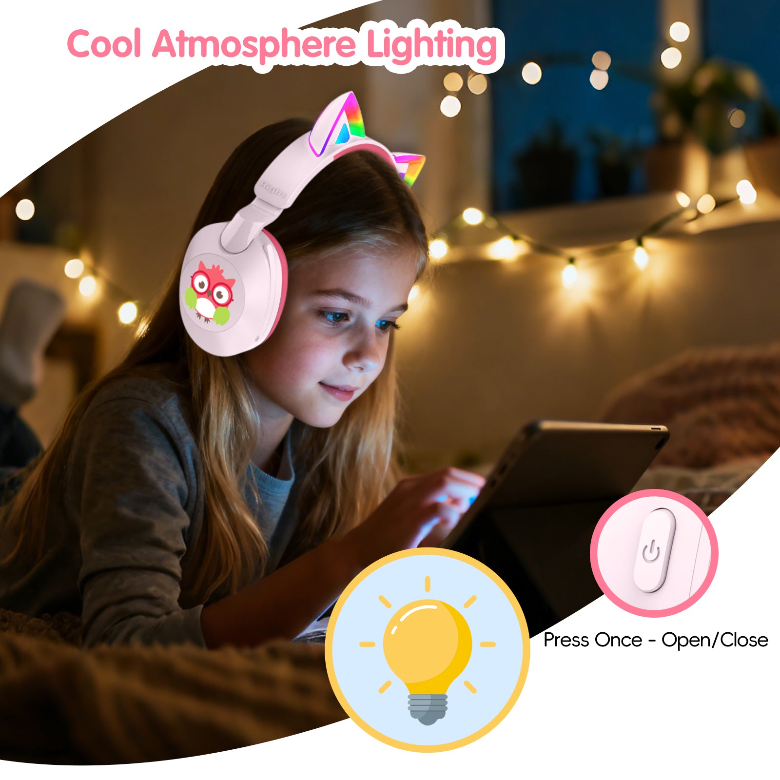 LOBKIN S32 Kids Cat Ear Headphones - Bluetooth 6.0 LED Lights
