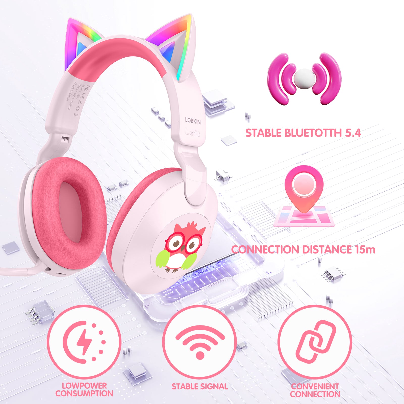 LOBKIN S32 Kids Cat Ear Headphones - Bluetooth 6.0 LED Lights