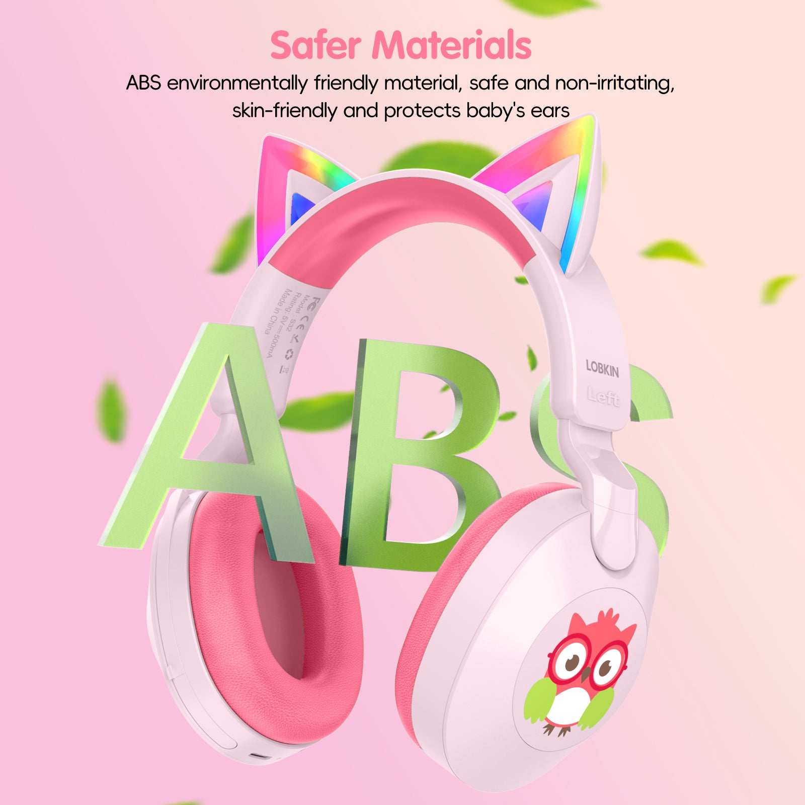 LOBKIN S32 Kids Cat Ear Headphones - Bluetooth 6.0 LED Lights